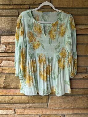 Smocked Floral Peasant Tunic in Mint and Yellow - Casual Women's Top